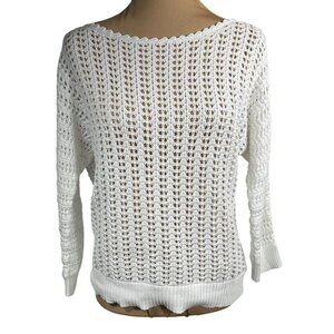 Free People Boomerang Sweater White Crochet 3/4 Sleeve Open Knit Size M Medium F